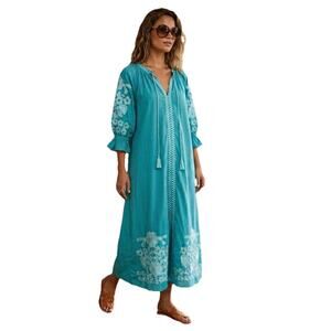 NWT Julia Amory Coatue Midi Dress Floral Embroidered Teal Blue Cotton Size XXL